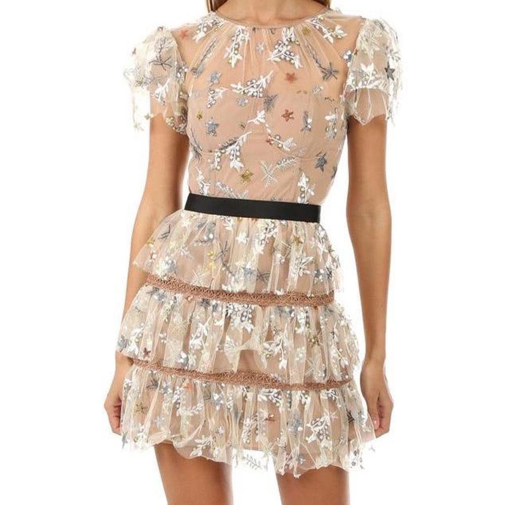 self portrait star mesh tiered round neck dress
